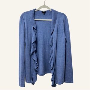 Talbots Womens Blue Ruffled Open-Front Cardigan Sweater Size Large 100% Merino